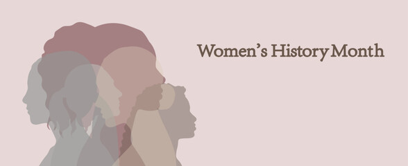Fototapeta na wymiar Banner with silhouettes of different women and text Women's History Month on light background
