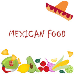 Card with set of ingredients of mexican cuisine on white background. Food preparation. Vector cartoon illustration.