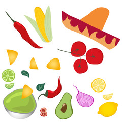 Set with ingredients of mexican cuisine on white background. Food preparation. Vector cartoon illustration.