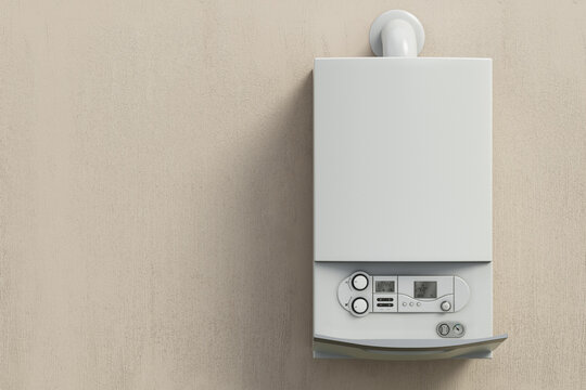 Combi boiler on the wall. Copy space on the left. 3D illustration