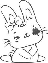 cute happy smile bunny rabbit kawaii animal in hole with carrot cartoon doodle outline
