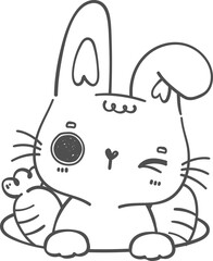 cute happy smile bunny rabbit kawaii animal in hole with carrot cartoon doodle outline