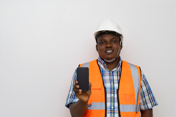 Builder or constructor pointing his phone at camera