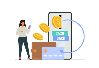 Mobile cashback service. Online banking. Saving money. Money refund. People characters with huge smartphone receiving cash back. Vector illustration.