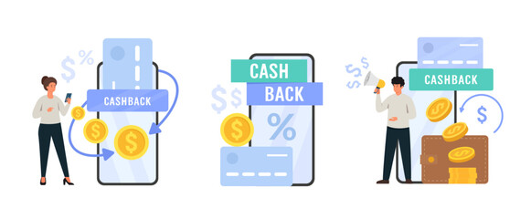 Vector illustration of mobile cashback service concept. People characters receiving money, refund on credit card. Set of cash back app services.
