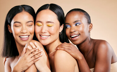 Women, makeup and face skincare wellness, cosmetics dermatology and closed eyes in brown background...