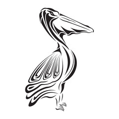 Pelican waterfowl silhouette in black, drawn with different lines. Design is suitable for tattoo, logo, exotic bird emblem, mascot, sticker, symbol, banner, t-shirt or clothing print. Isolated vector
