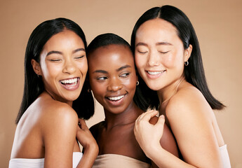 Skincare, beauty and diversity, happy women with smile and eyes closed on studio background....