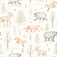 Graphic hand drawn scandinavian forest seamless pattern. Woodland forest animals bear, fox, moose, plants, spruce on beige background . Vintage style engraving. Nature wallpaper for children's room. - obrazy, fototapety, plakaty