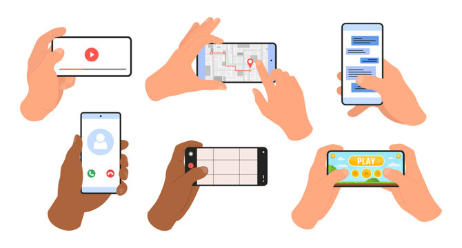Vector illustration of set hands holding mobile phones. People handling with smartphone. Mobile app, mobli games, chatting, watch video.