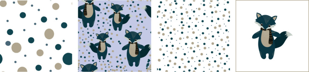 A set of seamless patterns and animal figurines.