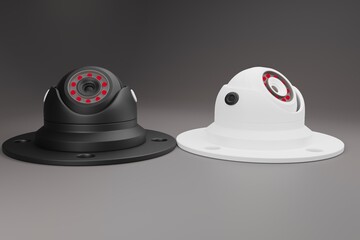 3d render illustration Modern black and white CCTV security cameras clear night capturing Videos recording, Anti-theft system installing with gray background