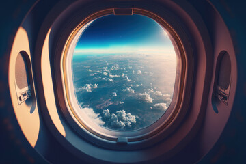Beautiful view of sky from airplane window background. Generative ai.