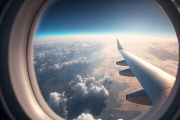 Obraz premium Beautiful view of sky from airplane window background. Generative ai.