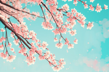 Obraz premium Beautiful cherry blossom or sakura tree branches on blue sky with copy space background in spring season. Illustration graphic design generative ai.