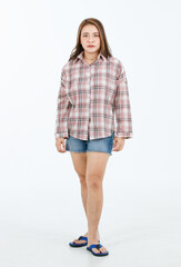 Portrait isolated cutout full body studio shot Asian cheerful happy female model in casual plaid...