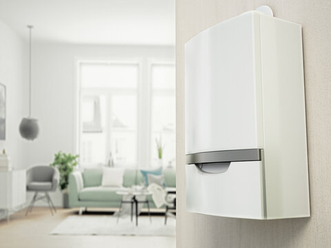 Combi boiler on the wall with contemporary living room view on the left. 3D illustration