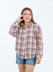 Portrait isolated cutout full body studio shot Asian cheerful happy female model in casual plaid...