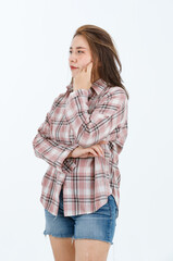 Portrait isolated cutout full body studio shot Asian cheerful happy female model in casual plaid long sleeves shirt shorts jeans and slippers standing crossed arms smiling posing on white background