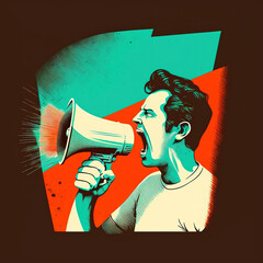 poster, illustration of a man screaming with megaphone. Generative AI - obrazy, fototapety, plakaty
