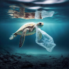 Plastic pollution in ocean environmental problem. Turtle eat plastic bags mistaking them for jellyfish. Generative AI - obrazy, fototapety, plakaty