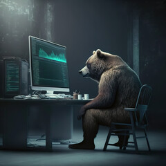 business bear, works at computer, stock market, Generative AI - obrazy, fototapety, plakaty