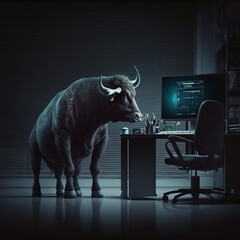 Fototapeta business bull, works at computer, stock market, Generative AI obraz
