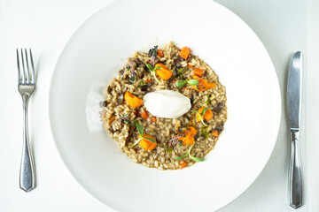 risotto with vegetables and cheese in a plate macro on a white background
