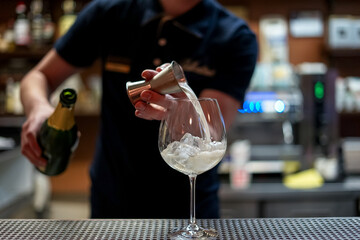 the bartender makes a cocktail in a glass at the bar
