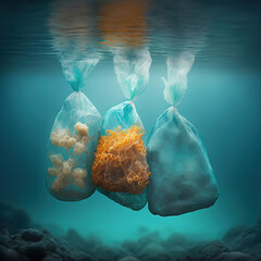 dirty plastic bags with garbage in the water, generative ai illustration - obrazy, fototapety, plakaty