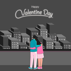 couple romance night city with valentine day lettering illustration vector