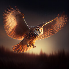 An owl in flight, created with generative AI tehnology.