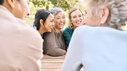 Senior, happy or friends in a park talking or speaking of funny gossip while relaxing holiday vacation in summer. Smile, old people or elderly women laughing at a crazy joke or bonding in nature