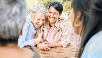 Women smile, friends and in park for reunion, bonding and conversation outdoor fun, summer or embrace. Females, ladies laughing or in nature to relax, talking or friendship with sunshine or happiness