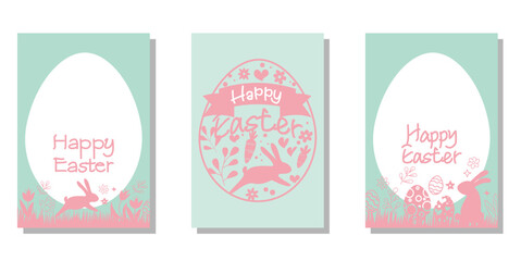 Set of Happy easter frames. Spring leaves, flowers, egg and bunnies decoration template collection. Easter illustration templates for cover, background and leaflet design. Vector illustration.