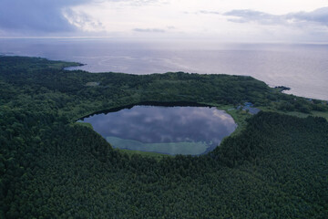 Aerial view of lake near sea in Rishiri Island, Hokkaido Japan