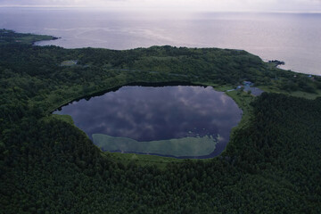 Aerial view of lake near sea in Rishiri Island, Hokkaido Japan