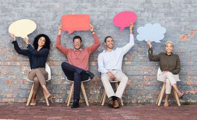 Speech bubble, feedback and idea with business people and mockup for social media, vote and review....