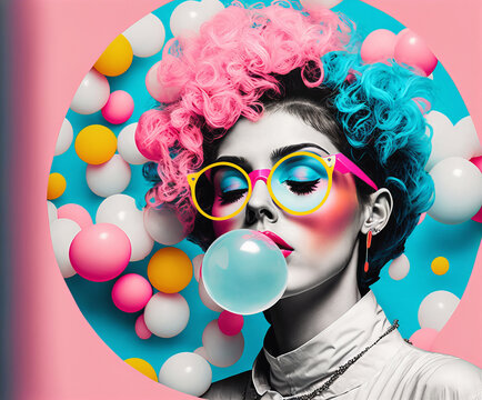 Fashion girl with bubble gum bubble. 80s retro style ilustration Generative AI