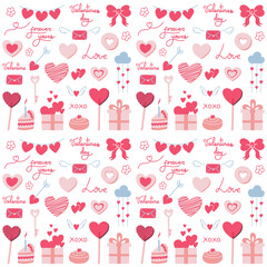 Valentines day vector seamless pattern. Doodle hand drawn illustration of cute romantic love background..