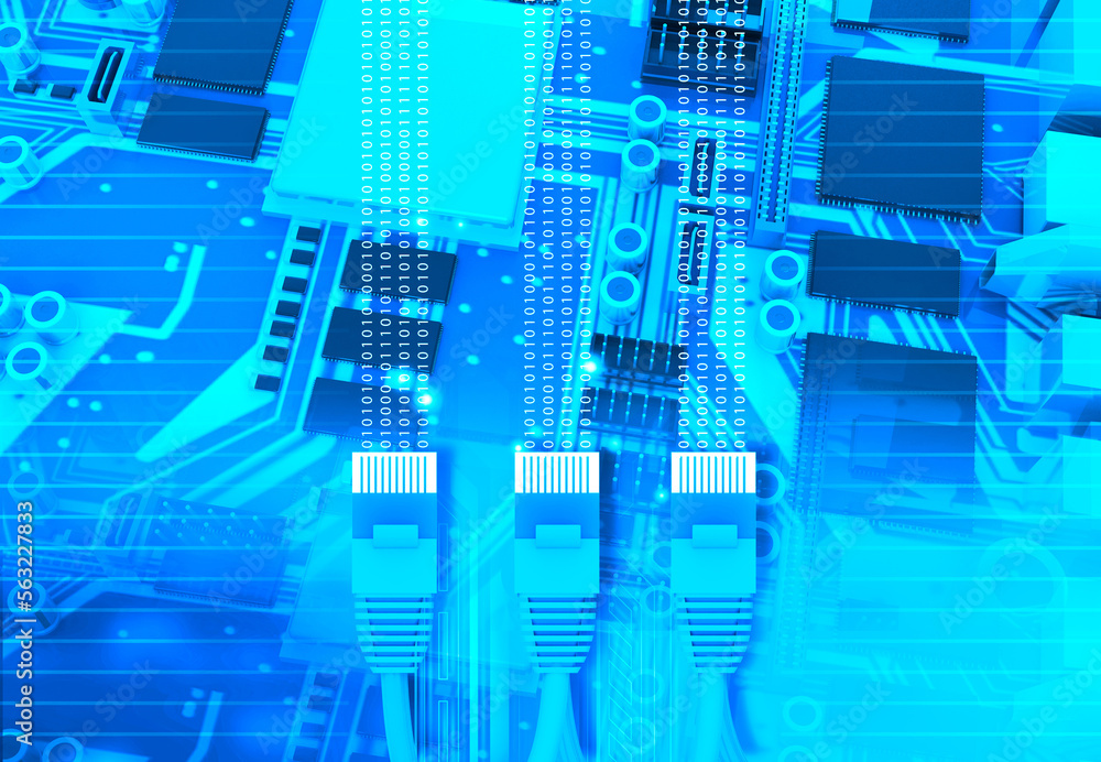 Poster three network cables on abstract circuit background. 3d illustration.