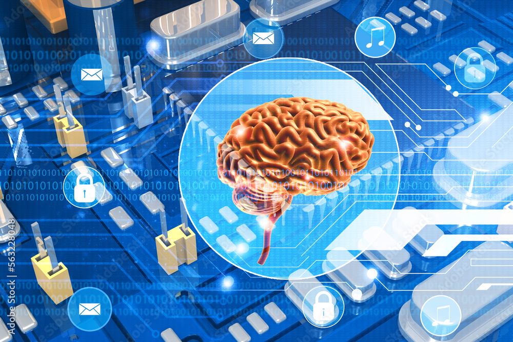Poster ai brain on circuit background. 3d illustration..