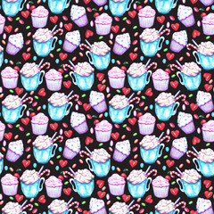 Fototapeta na wymiar Watercolor Valentines Day seamless pattern. Hand painted colorful background with hearts, cupcakes, hot cocoa and candies.