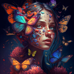 Realistic beautiful woman with colorful butterflies covering her