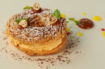 dessert cake donuts in a white plate macro photo
