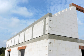 A reinforced concrete beam and reinforced concrete columns, reinforced brick lintels, a rough door and windows openings, a gable wall, walls made of aac blocks, blue sky in the background - obrazy, fototapety, plakaty