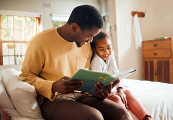 Fototapeta na wymiar Father storytelling, child reading and family love for language learning and bonding in bedroom. Happy people, dad and smart girl with book for creative support, education help and home teaching
