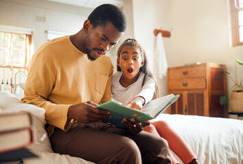 Father, child and book in shock on bed for story time, reading or learning literature sitting at...