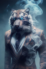 Fototapeta na wymiar Homme d’affaire tigre. Businessman animal en costume. Generative AI