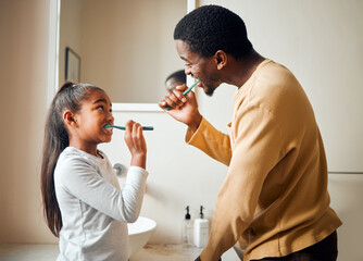 Brushing teeth, bonding and father with daughter in a bathroom for hygiene and dental grooming. Oral, care and girl with parent, teeth and cleaning with black family, playful and learning at home